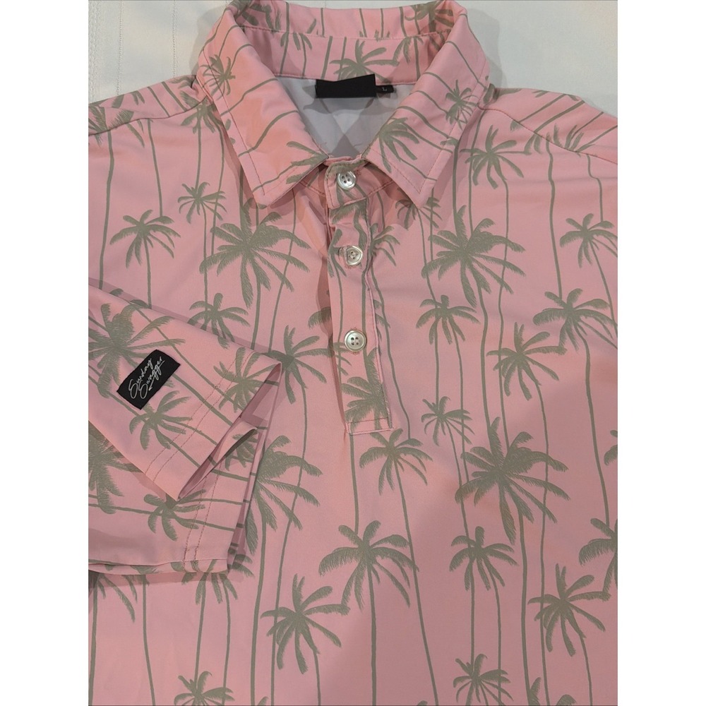 Sunday Swagger Golf Polo Men‎ Large Performance Stretch Pink W/ Palm Trees Shirt